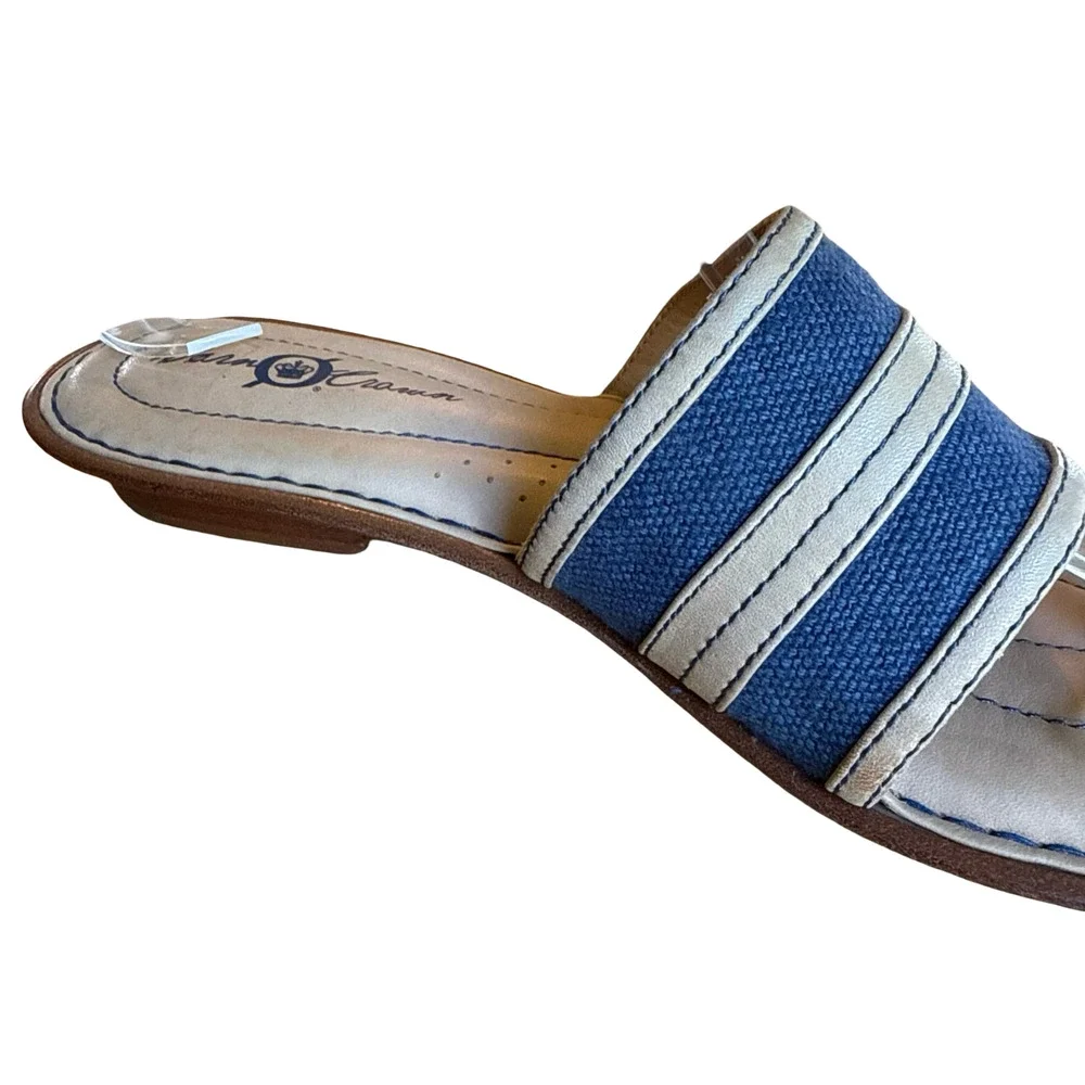 Born Crown Beige Blue Leather & Canvas Thongs Slides Flip Flops Sandals sz 8